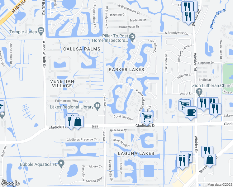 map of restaurants, bars, coffee shops, grocery stores, and more near 9321 Water Lily Court in Fort Myers