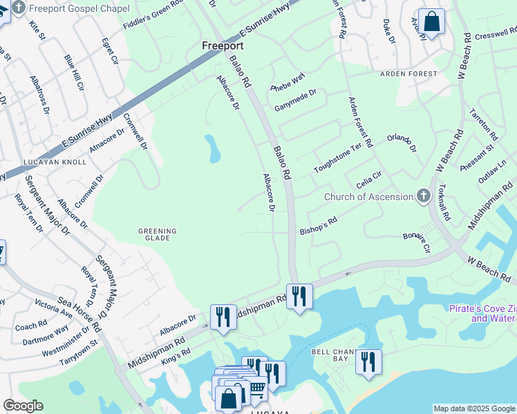 map of restaurants, bars, coffee shops, grocery stores, and more near Albacore Drive in Freeport