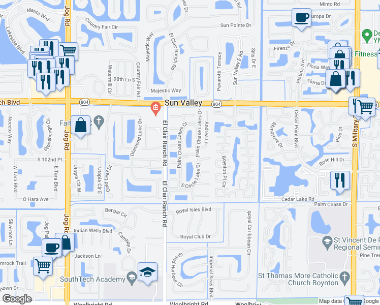 map of restaurants, bars, coffee shops, grocery stores, and more near 10287 North Circle Lake Drive in Boynton Beach