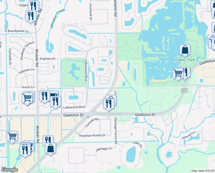 map of restaurants, bars, coffee shops, grocery stores, and more near 8081 South Woods Circle in Fort Myers