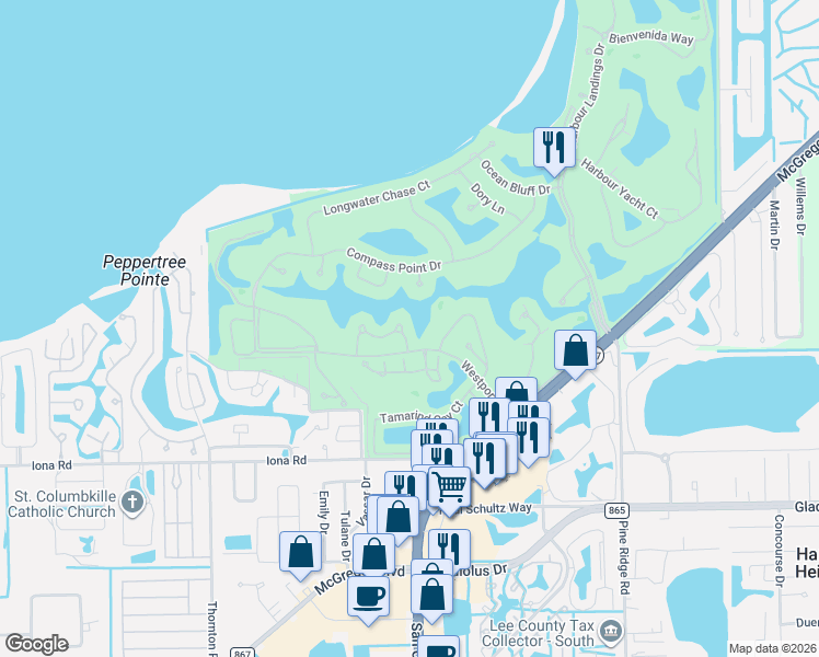 map of restaurants, bars, coffee shops, grocery stores, and more near 14894 Crescent Cove Drive in Fort Myers
