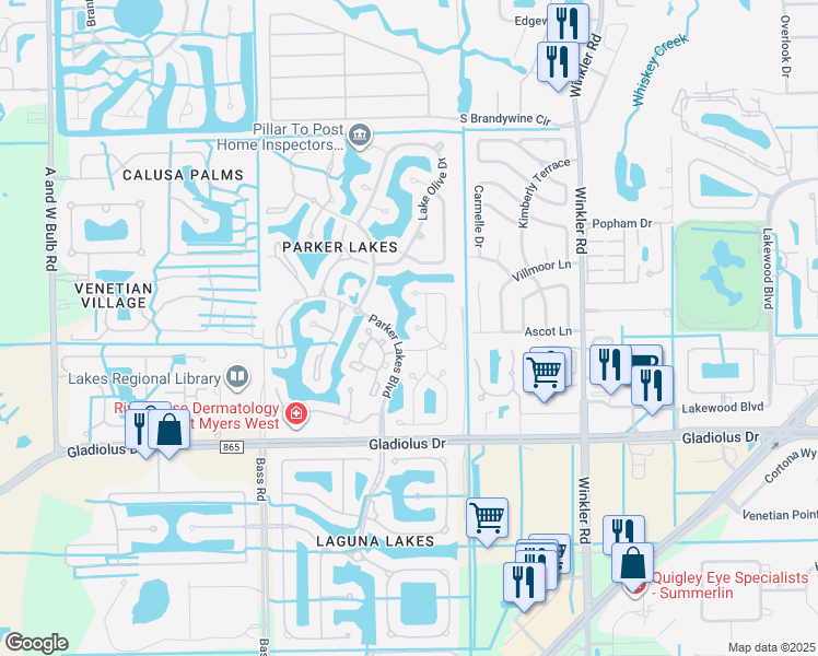 map of restaurants, bars, coffee shops, grocery stores, and more near 9140 Buttercup Court in Fort Myers