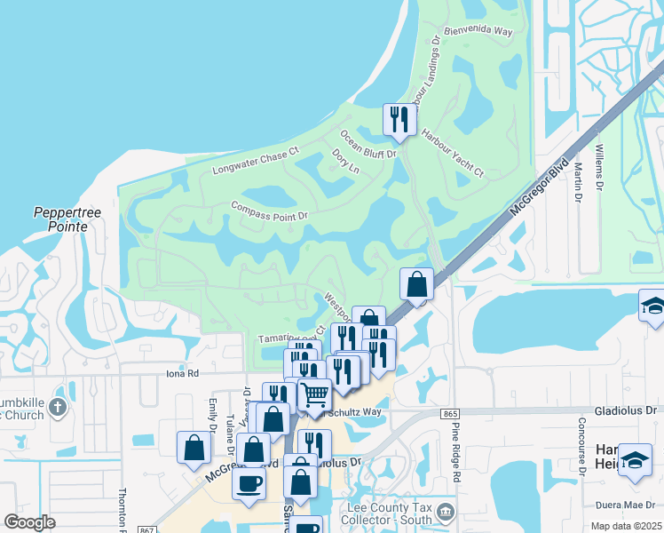 map of restaurants, bars, coffee shops, grocery stores, and more near 14883 Crescent Cove Drive in Fort Myers