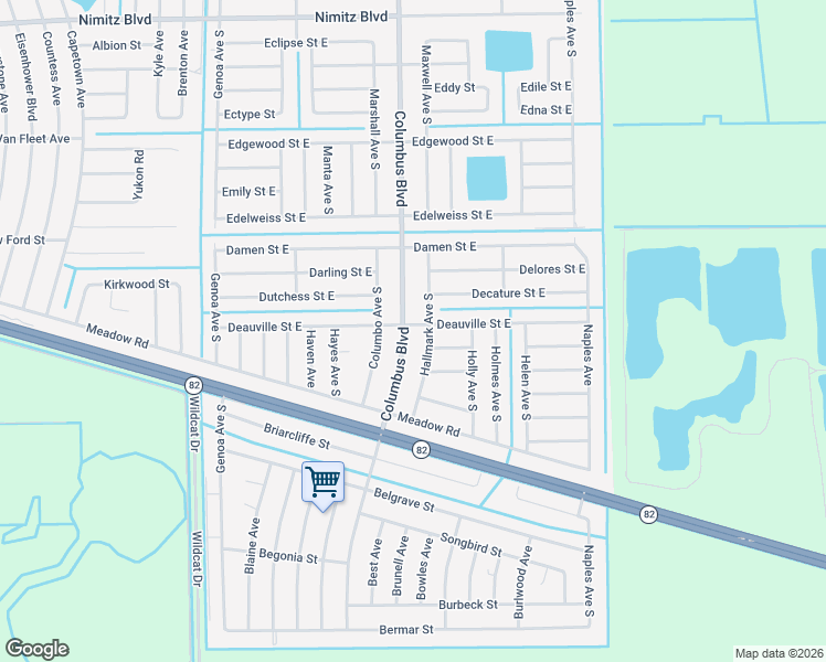 map of restaurants, bars, coffee shops, grocery stores, and more near 1129 Columbus Boulevard in Lehigh Acres