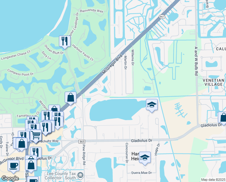 map of restaurants, bars, coffee shops, grocery stores, and more near 14942 Mahoe Court in Fort Myers