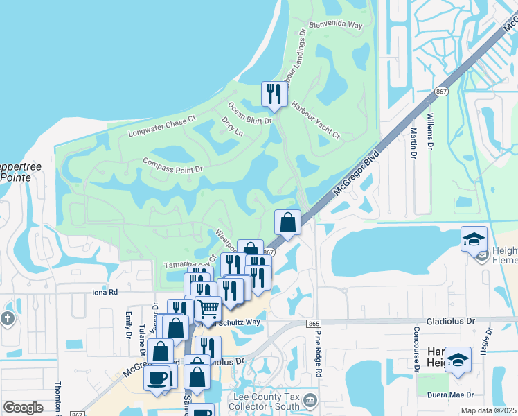 map of restaurants, bars, coffee shops, grocery stores, and more near 14985 Rivers Edge Court in Fort Myers