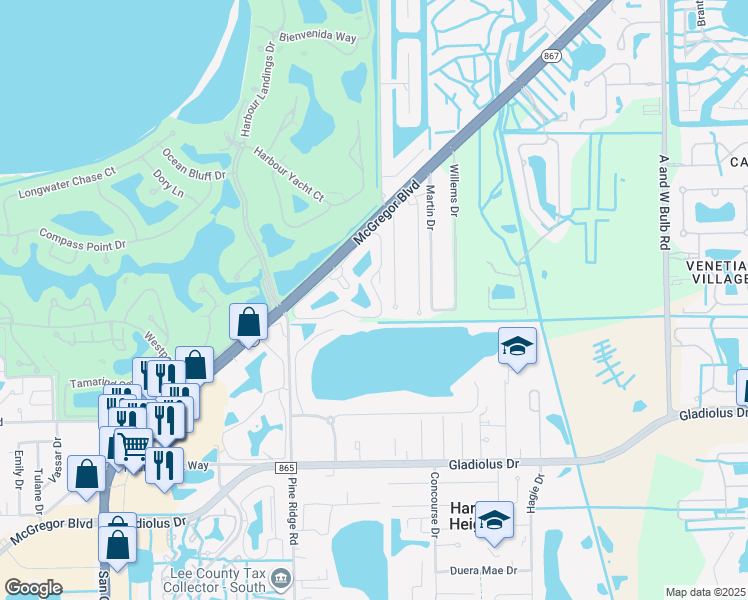 map of restaurants, bars, coffee shops, grocery stores, and more near 14942 Mahoe Court in Fort Myers