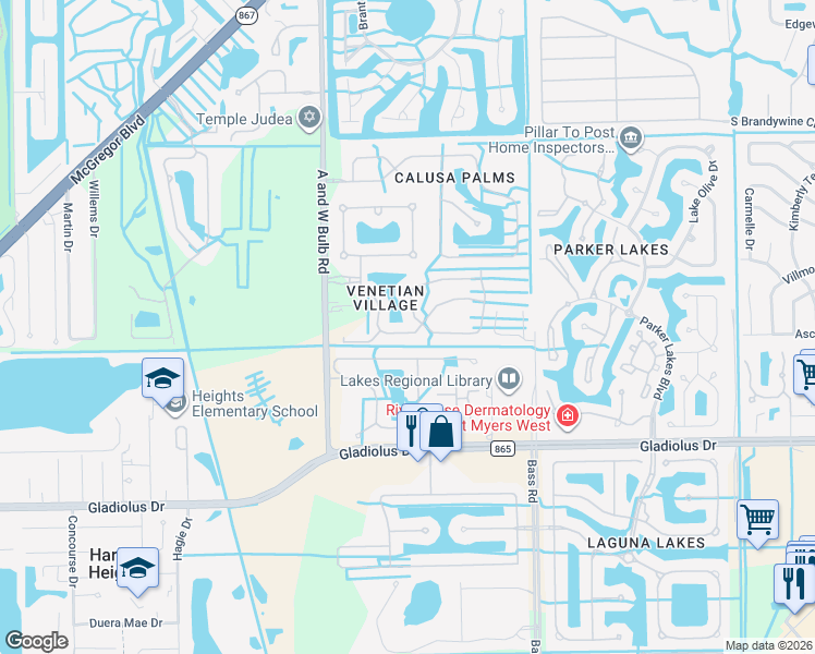 map of restaurants, bars, coffee shops, grocery stores, and more near 9790 Las Casas Drive in Fort Myers