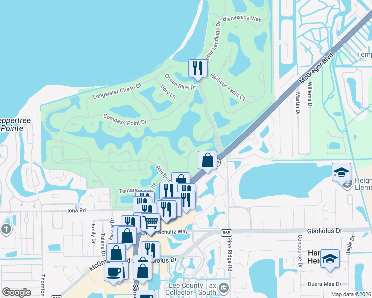 map of restaurants, bars, coffee shops, grocery stores, and more near 14985 Rivers Edge Court in Fort Myers