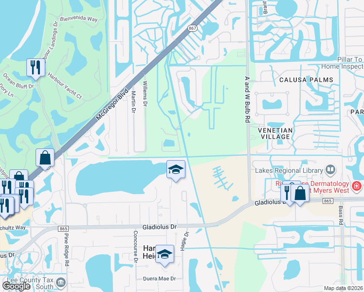 map of restaurants, bars, coffee shops, grocery stores, and more near 14599 Abaco Lakes Drive in Fort Myers