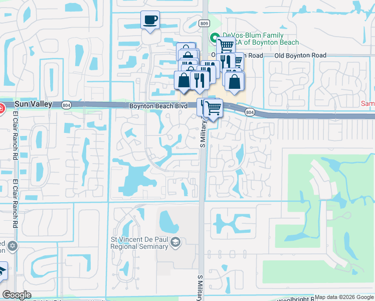 map of restaurants, bars, coffee shops, grocery stores, and more near 5026 Pine Drive in Boynton Beach