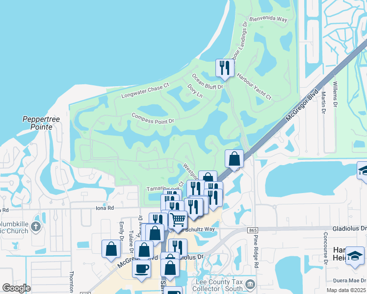 map of restaurants, bars, coffee shops, grocery stores, and more near 14883 Crescent Cove Drive in Fort Myers