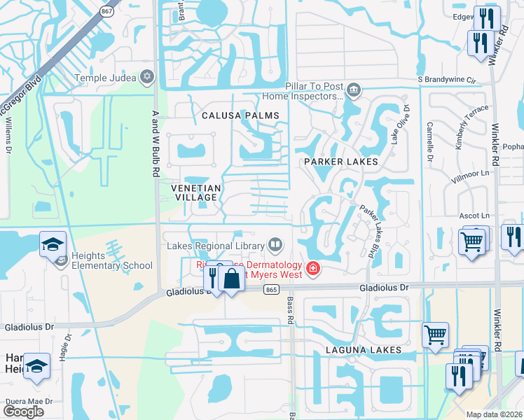 map of restaurants, bars, coffee shops, grocery stores, and more near 9826 Casa Mar Circle in Fort Myers