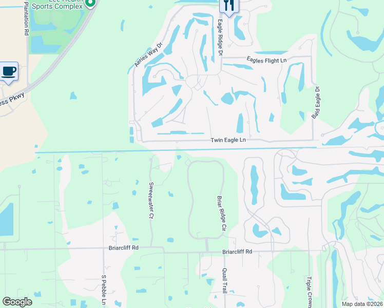 map of restaurants, bars, coffee shops, grocery stores, and more near 15252 Briar Ridge Circle in Fort Myers