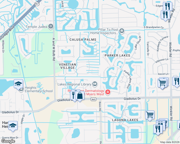 map of restaurants, bars, coffee shops, grocery stores, and more near 9818 Casa Mar Circle in Fort Myers