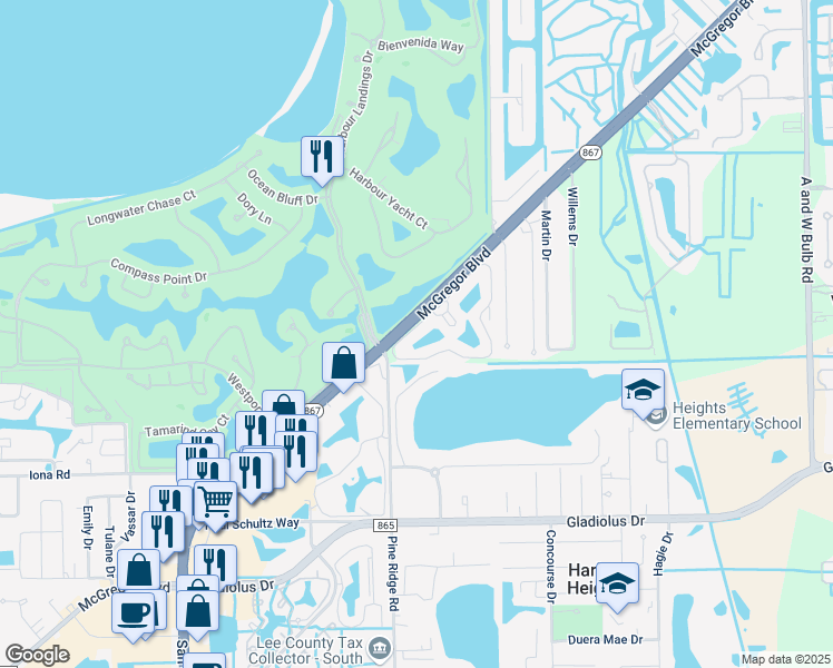 map of restaurants, bars, coffee shops, grocery stores, and more near 2002 McGregor Park Circle in Fort Myers