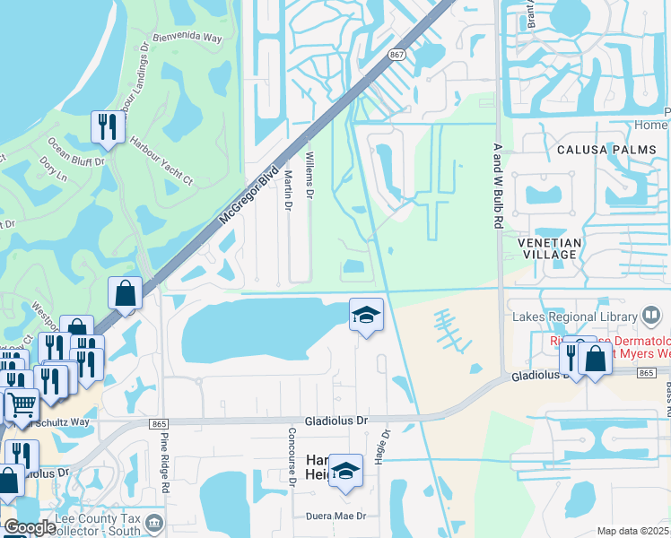 map of restaurants, bars, coffee shops, grocery stores, and more near 14640 Abaco Lakes Drive in Fort Myers