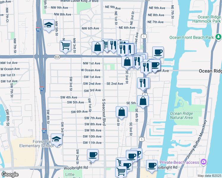 map of restaurants, bars, coffee shops, grocery stores, and more near 125 Southeast 3rd Avenue in Boynton Beach