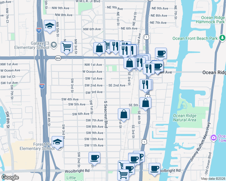 map of restaurants, bars, coffee shops, grocery stores, and more near 125 Southeast 3rd Avenue in Boynton Beach