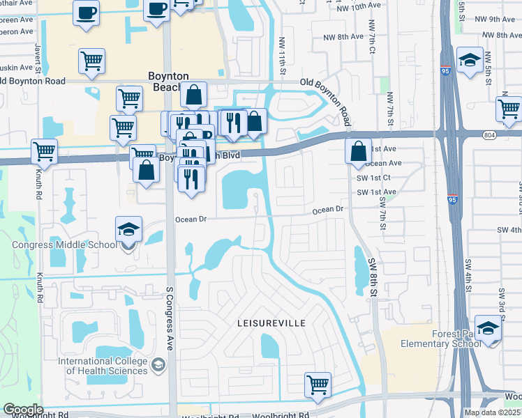 map of restaurants, bars, coffee shops, grocery stores, and more near 106 Leisure Lake Circle in Boynton Beach