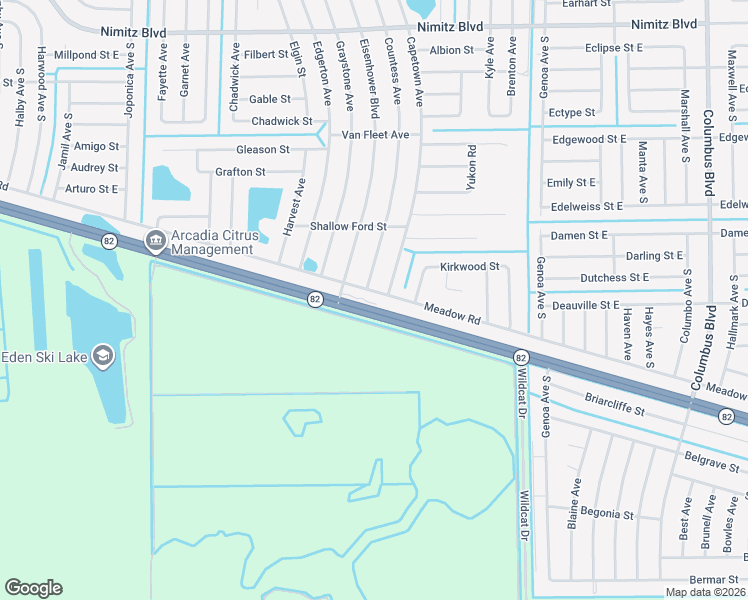 map of restaurants, bars, coffee shops, grocery stores, and more near 3316 Meadow Road in Lehigh Acres