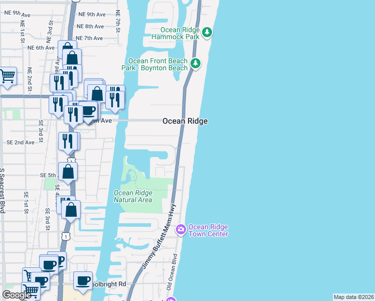 map of restaurants, bars, coffee shops, grocery stores, and more near 6155 North Ocean Boulevard in Boynton Beach