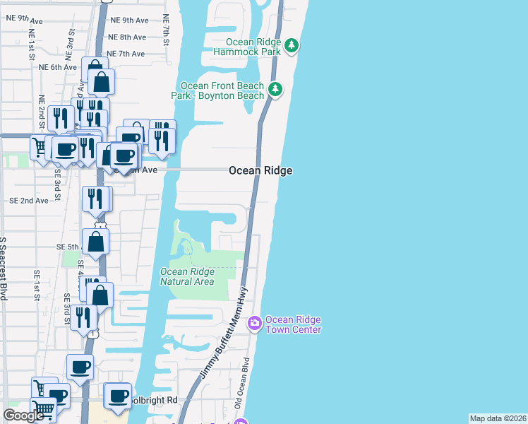 map of restaurants, bars, coffee shops, grocery stores, and more near 6161 North Ocean Boulevard in Boynton Beach