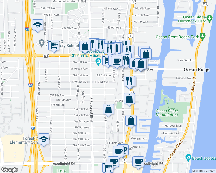 map of restaurants, bars, coffee shops, grocery stores, and more near 230 Southeast 3rd Avenue in Boynton Beach