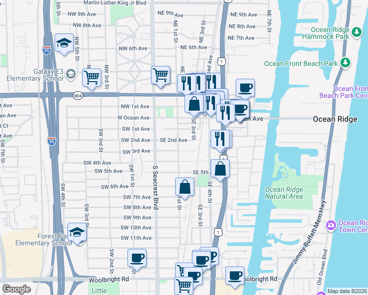 map of restaurants, bars, coffee shops, grocery stores, and more near 316 Southeast 1st Street in Boynton Beach