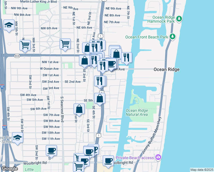 map of restaurants, bars, coffee shops, grocery stores, and more near 411 South Federal Highway in Boynton Beach