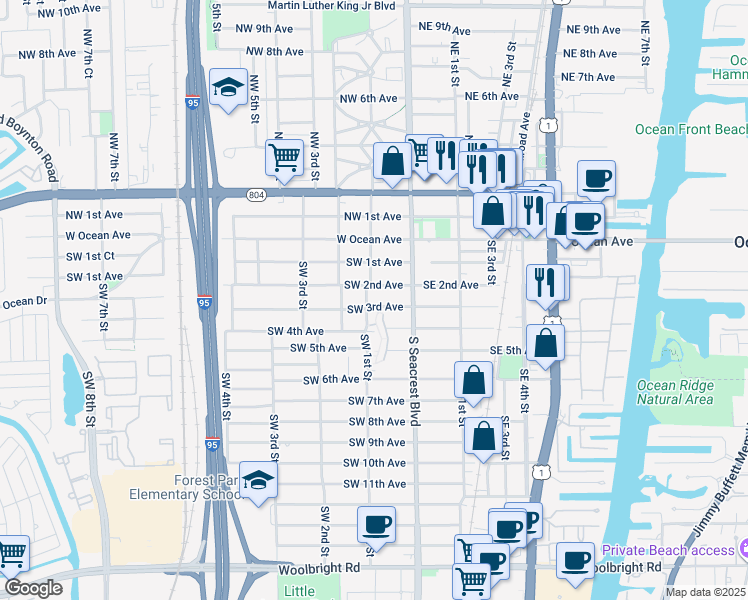 map of restaurants, bars, coffee shops, grocery stores, and more near 135 Southwest 3rd Avenue in Boynton Beach