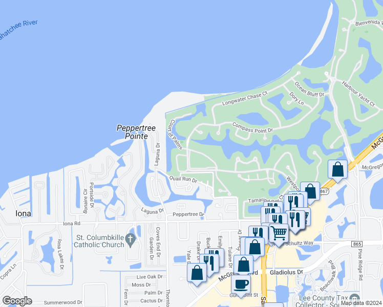 map of restaurants, bars, coffee shops, grocery stores, and more near 14501 Grande Cay Circle in Fort Myers