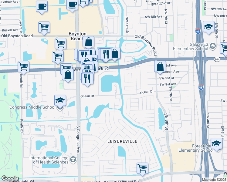 map of restaurants, bars, coffee shops, grocery stores, and more near 106 Leisure Lake Circle in Boynton Beach