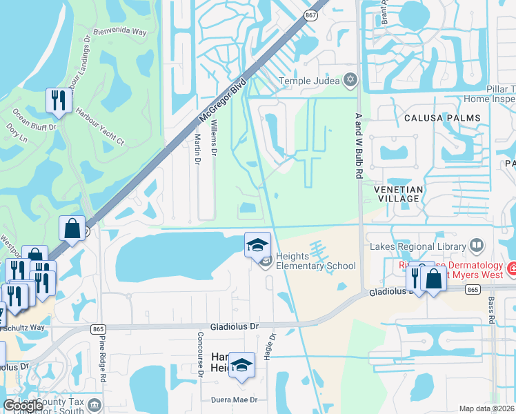 map of restaurants, bars, coffee shops, grocery stores, and more near 14599 Abaco Lakes Drive in Fort Myers