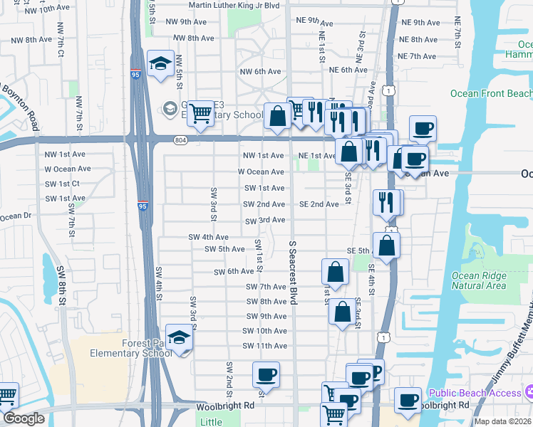 map of restaurants, bars, coffee shops, grocery stores, and more near 200 Southwest 3rd Avenue in Boynton Beach