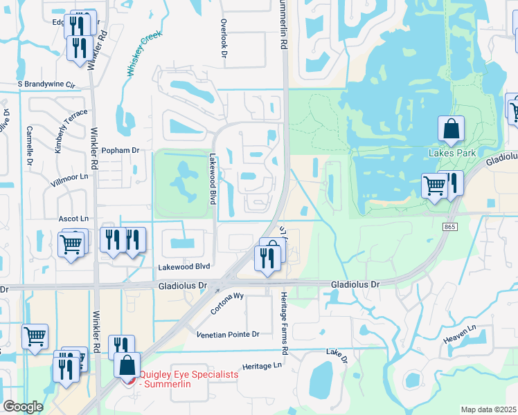 map of restaurants, bars, coffee shops, grocery stores, and more near 8121 South Woods Circle in Fort Myers