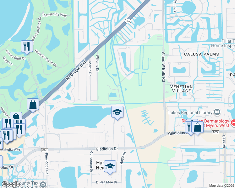 map of restaurants, bars, coffee shops, grocery stores, and more near 14599 Abaco Lakes Drive in Fort Myers