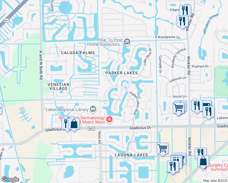 map of restaurants, bars, coffee shops, grocery stores, and more near 15020 Lakeside View Drive in Fort Myers