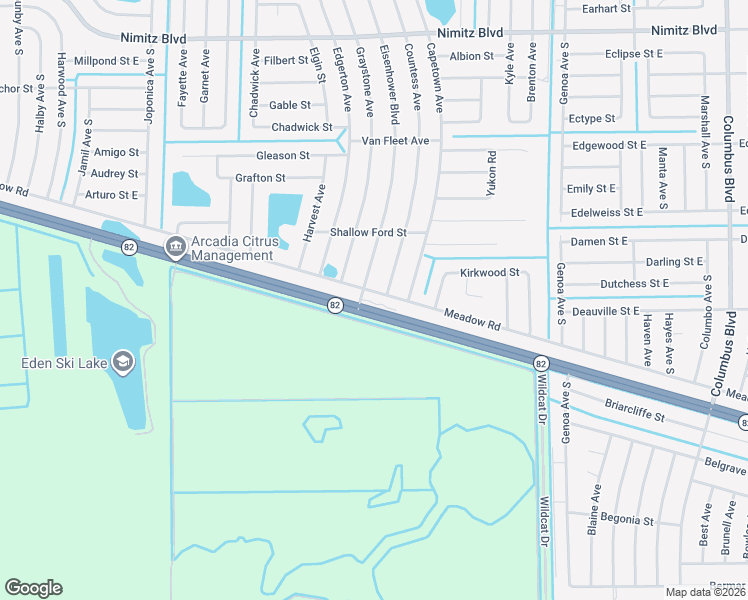 map of restaurants, bars, coffee shops, grocery stores, and more near 3300 Meadow Road in Lehigh Acres