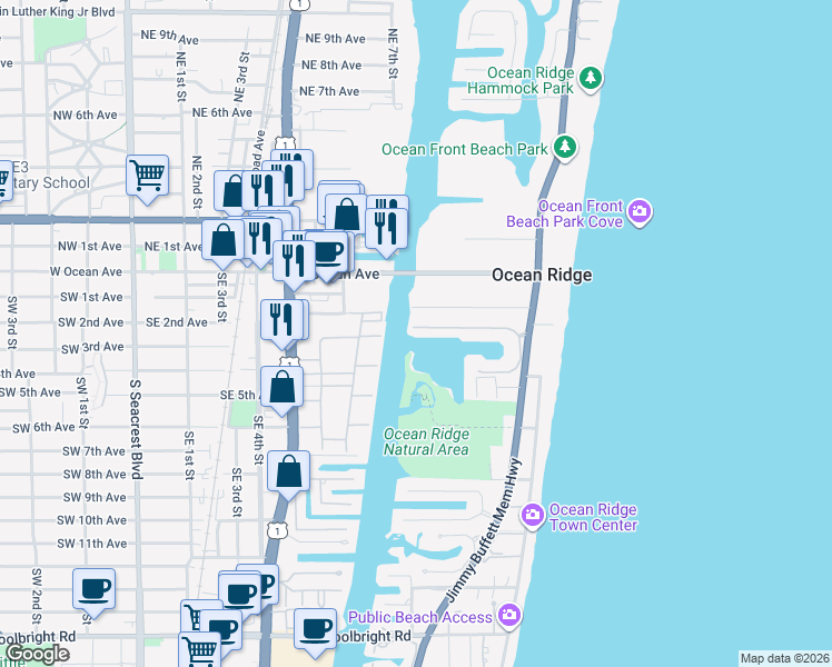 map of restaurants, bars, coffee shops, grocery stores, and more near 27 Hudson Avenue in Ocean Ridge