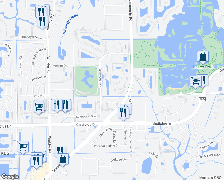 map of restaurants, bars, coffee shops, grocery stores, and more near 8121 South Woods Circle in Fort Myers