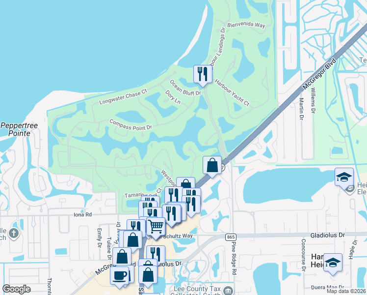 map of restaurants, bars, coffee shops, grocery stores, and more near 14862 Crescent Cove Drive in Fort Myers