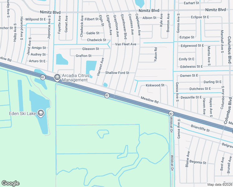 map of restaurants, bars, coffee shops, grocery stores, and more near 3300 Meadow Road in Lehigh Acres