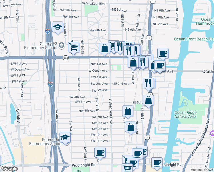 map of restaurants, bars, coffee shops, grocery stores, and more near 100 Southwest 2nd Avenue in Boynton Beach