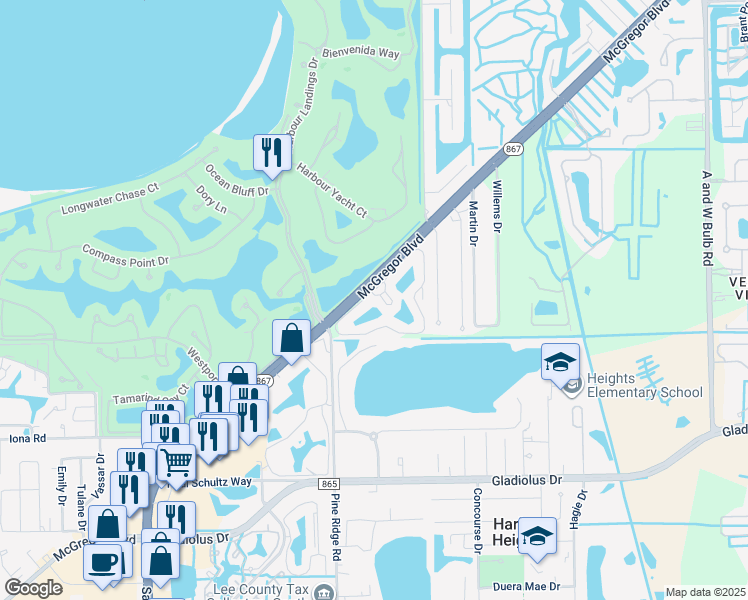 map of restaurants, bars, coffee shops, grocery stores, and more near 2002 McGregor Park Circle in Fort Myers
