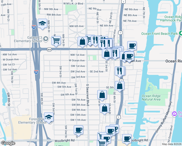 map of restaurants, bars, coffee shops, grocery stores, and more near 116 Southeast 2nd Avenue in Boynton Beach