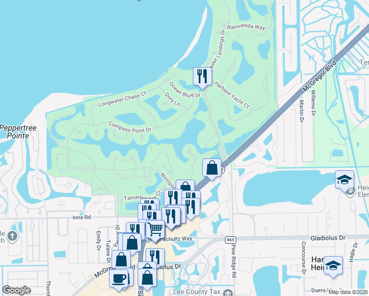 map of restaurants, bars, coffee shops, grocery stores, and more near 14862 Crescent Cove Drive in Fort Myers