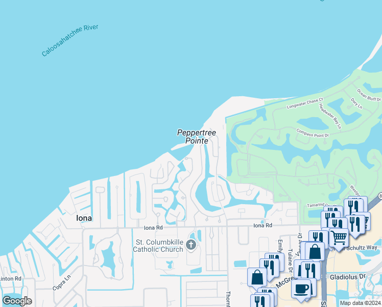map of restaurants, bars, coffee shops, grocery stores, and more near 15120 Harbour Isle Drive in Fort Myers