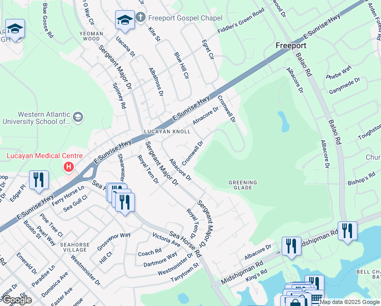 map of restaurants, bars, coffee shops, grocery stores, and more near Cromwell Drive in Freeport