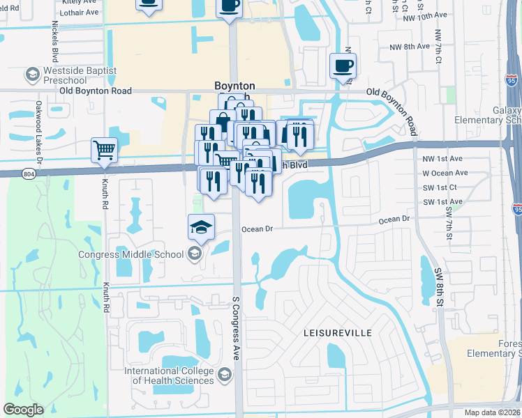 map of restaurants, bars, coffee shops, grocery stores, and more near 240 North Congress Avenue in Boynton Beach
